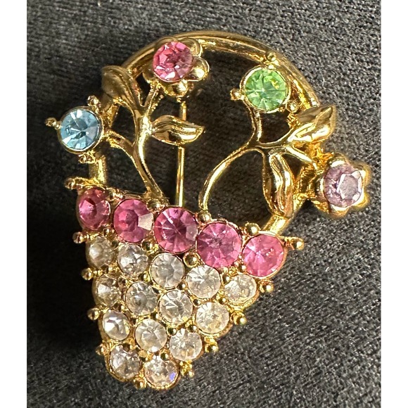 Vintage Monet Flower Basket Brooch OS Gold Rhinestone Floral - Picture 4 of 4